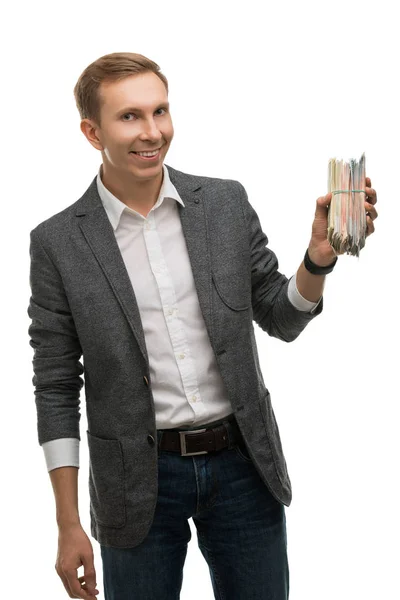 Gelukkig mens met een bundel van geld geïsoleerd weergave — Stockfoto