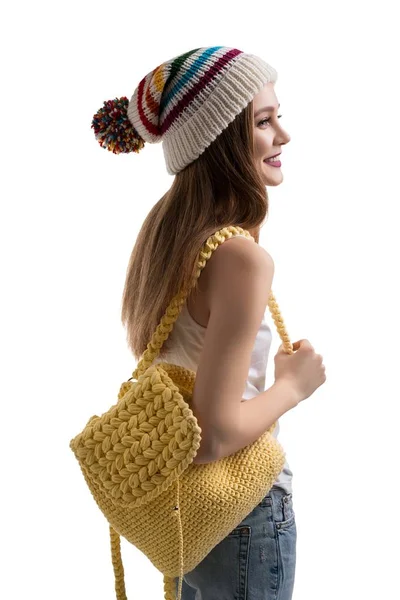 Stylish woman with knitted bag — Stock Photo, Image