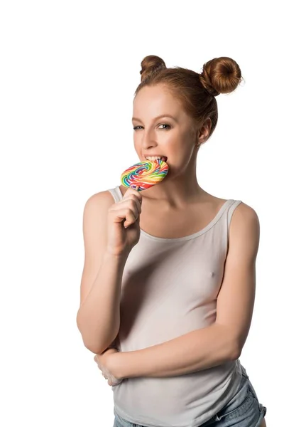 Young pretty girl with lollipop isolated view — Stock Photo, Image