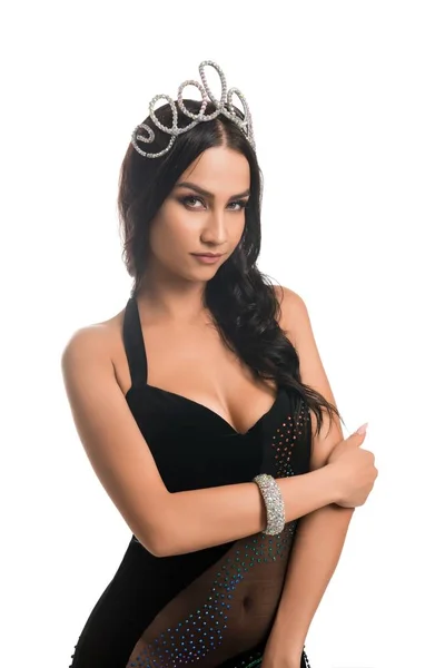 Beauty queen in silver crown and black dress — Stock Photo, Image