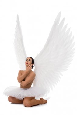 Balerin etekli ve yerde kanatlı bir kadın.