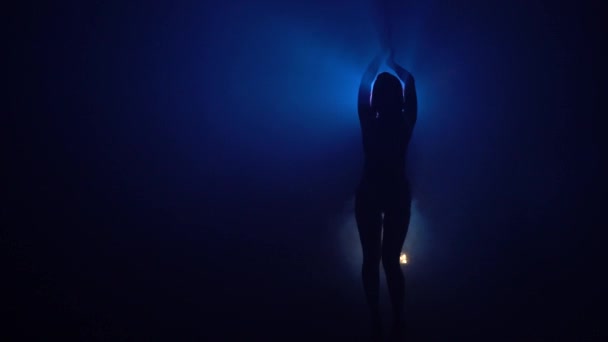 Vrouw dansen striptease uitzicht in mist — Stockvideo