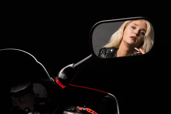 Sexy blonde reflection in motorcycle mirror shot — Stock Photo, Image
