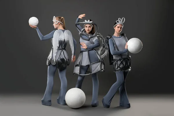 Young women in grey themed costumes — Stock Photo, Image