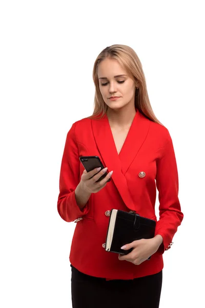 Young business woman in red costume isolated shot — Stock Photo, Image