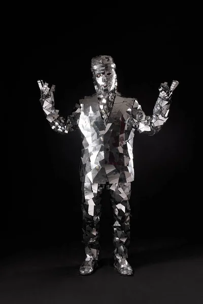 Male in fantastic silver mirror costume shot — Stock Photo, Image