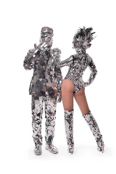 Woman and man in luxury mysterious shine metal costume — Stock Photo, Image