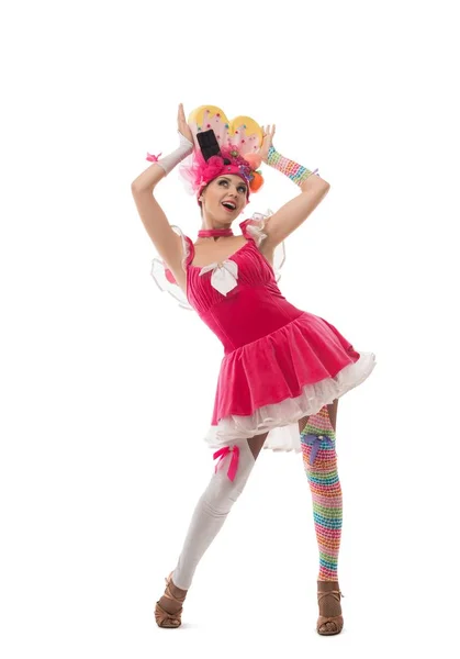 Playful dancer in sexy original hat and dress view — Stock Photo, Image