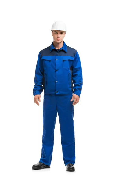 Man in blauw werk kostuum geïsoleerd schot — Stockfoto