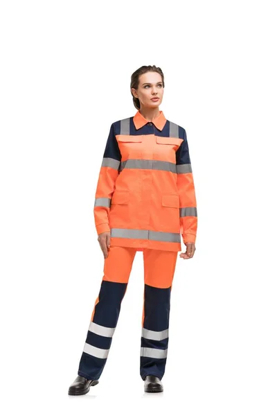 Kvinna i orange arbetskläder isolerad vy — Stockfoto