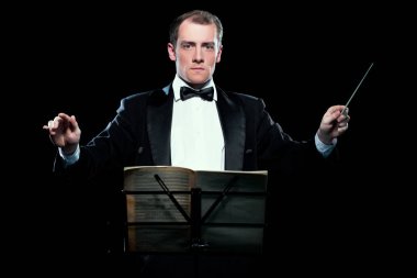 Studio photo of music conductor holding his baton clipart