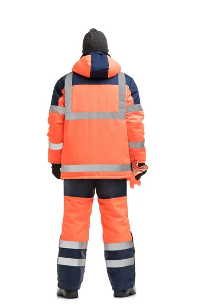 Homme en vêtements de travail orange vue arrière isolée — Photo