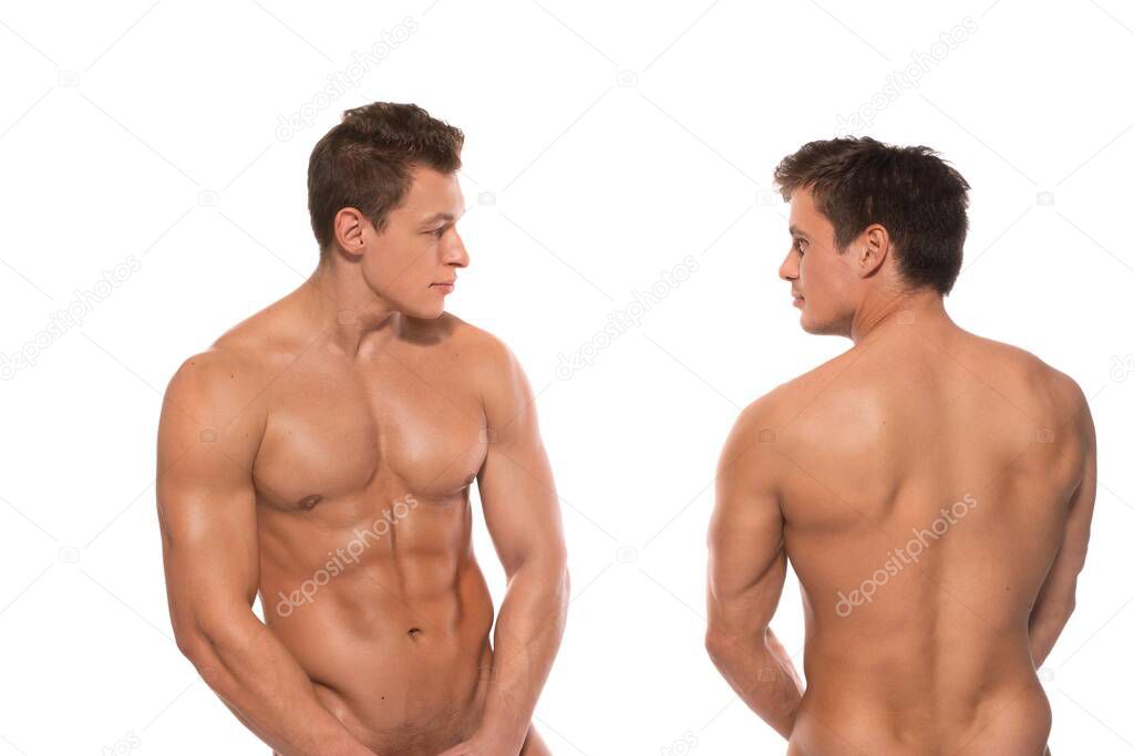 Two naked man look each other studio isolated