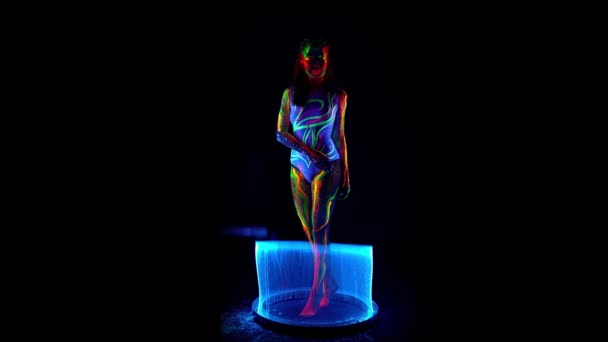 Female model with colorful body in bubble tube — Stock Video