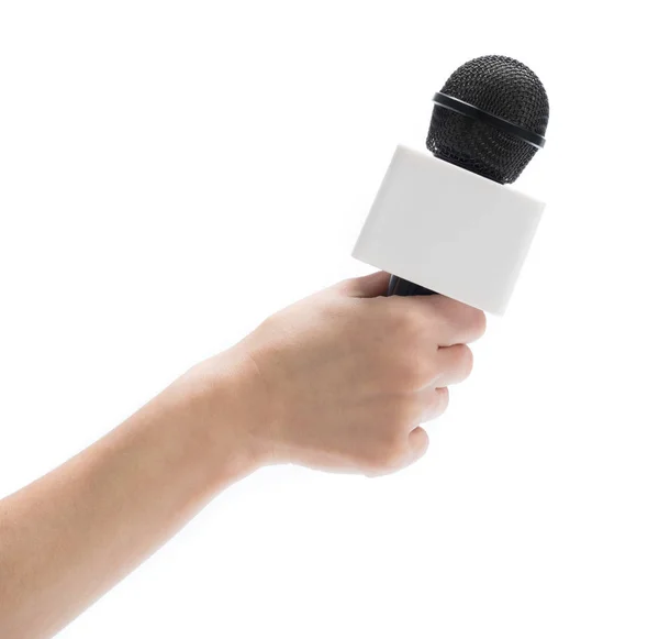 Hand holding microphone for interview — Stock Photo, Image