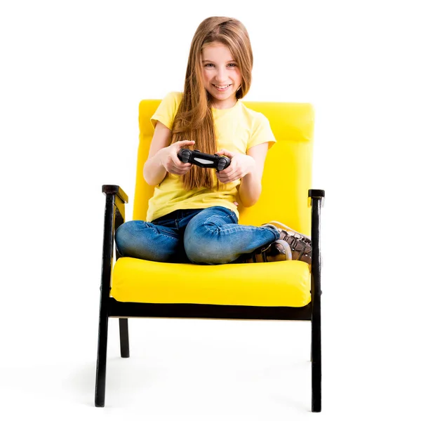 Teen girl holding joystick for computer games — Stock Photo, Image