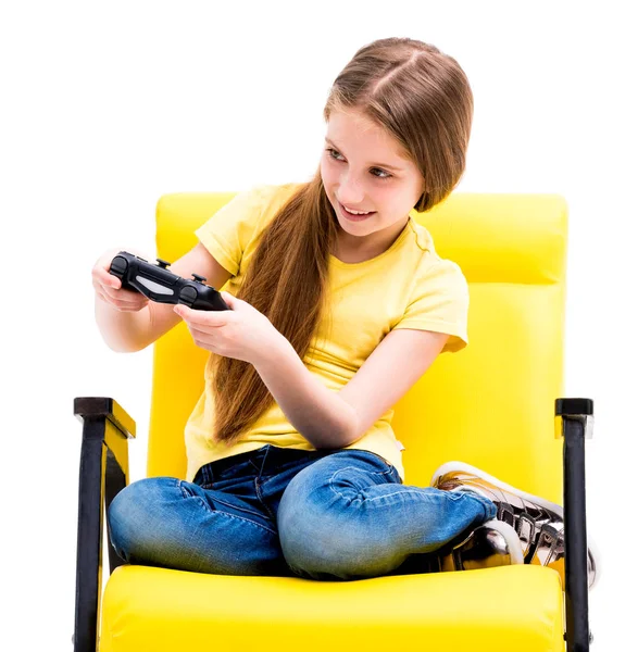 Teen girl holding joystick for computer games — Stock Photo, Image