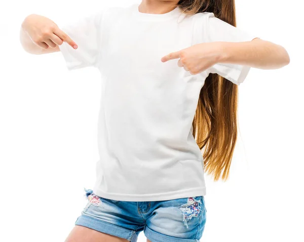 Little girl in casual white T-shirt on white backgtound. — Stock Photo, Image