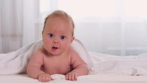 Schattige kleine baby ligt op buik — Stockvideo