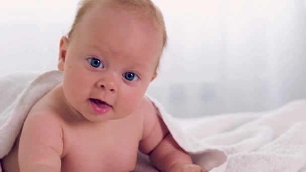 Pasgeboren baby onder de witte handdoek — Stockvideo