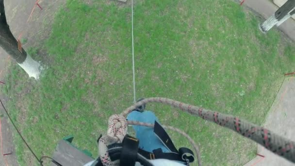 Девушка в технике безопасности в веревочном парке — стоковое видео