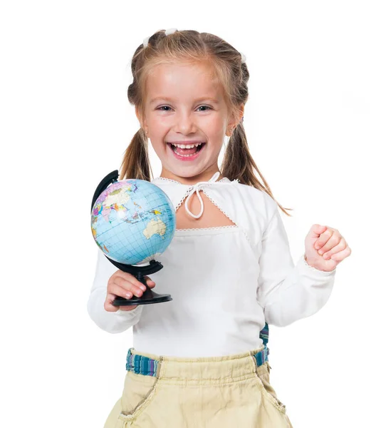 Küre ile gülümseyen küçük kız — Stok fotoğraf