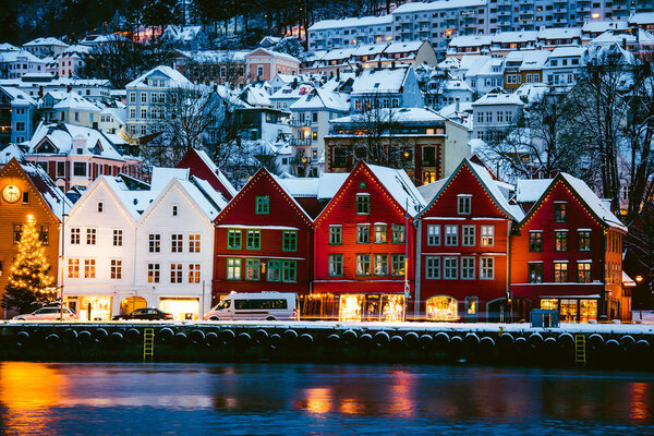 Yachts moored in harbour of Bergan, Norway