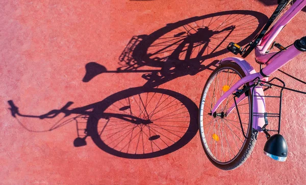 Pink bicycle casts a shadow