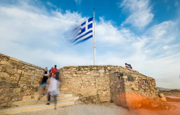 Greek flag waving against blue sky — Stock Photo, Image