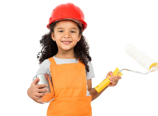 Little girl-worker with paint and roller in hands isolated — Stock Photo, Image