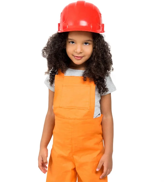 白地にオレンジの修理ユニフォームとヘルメット Isolatd でかわいい女の子 — ストック写真