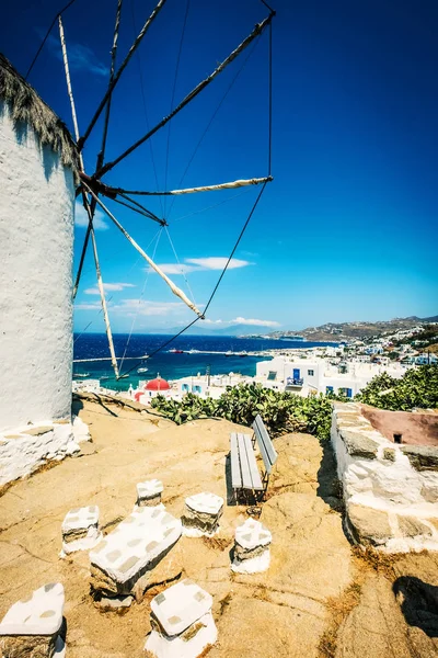 View of Mykonos town and windmill — Stock Photo, Image