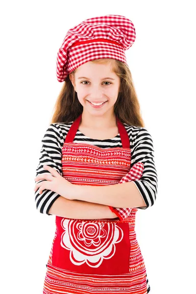 Girl in red apron and baking glove — Stock Photo, Image