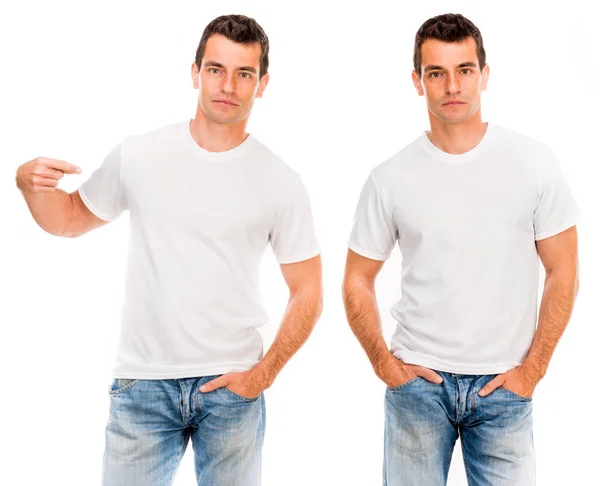 Άνδρας με λευκό μπλουζάκι που απομονώνεται για το σχέδιό σας — Φωτογραφία Αρχείου