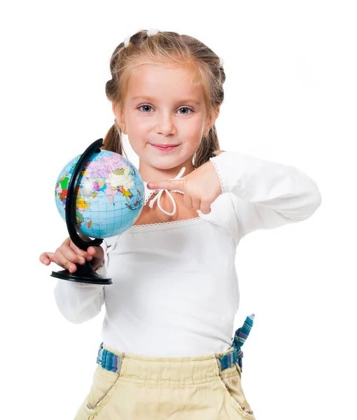 Bedårande liten flicka med globe — Stockfoto