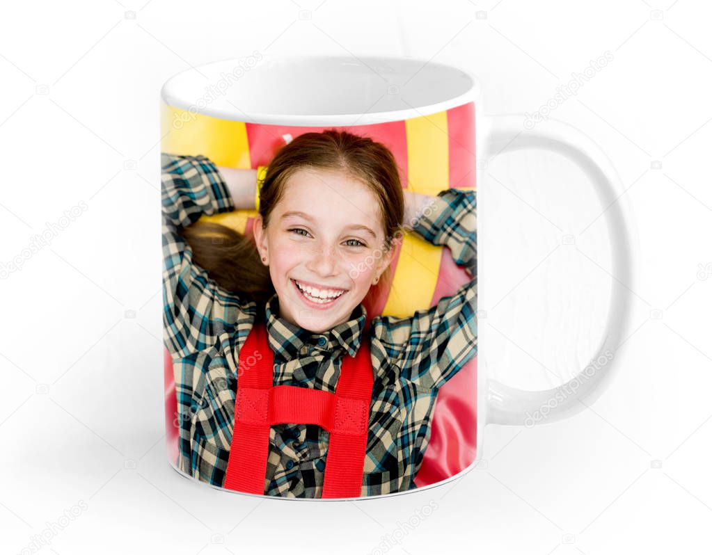 colorful cup with child printed on it