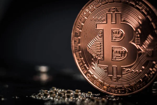 Snining bronzo bitcoin in piedi su microcircuito — Foto Stock