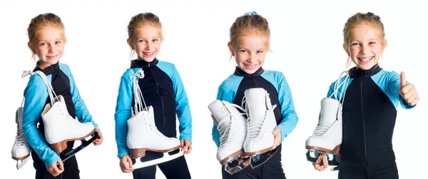 Set of little girl in a sportsuit with iceskates isolated — Stock Photo, Image