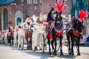Karanlık hourses Krakow süslü kırmızı kıyafeti ile beyaz küçük yük arabalar