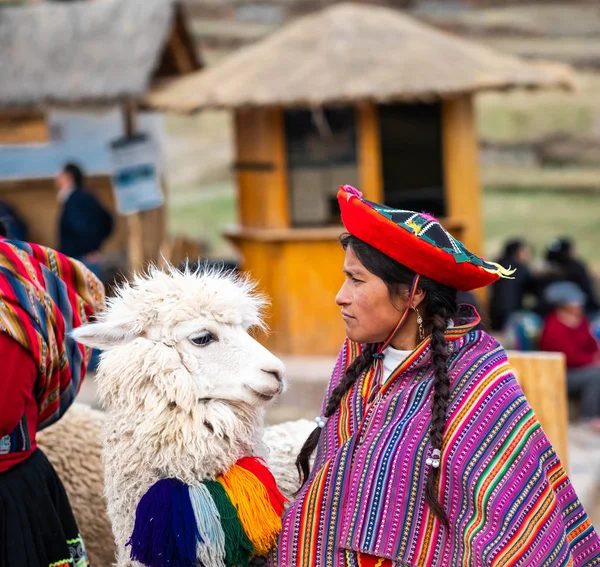 Vista de la mujer en ropa nacional y blanco shaggy lama en Sacsayhuaman — Foto de Stock