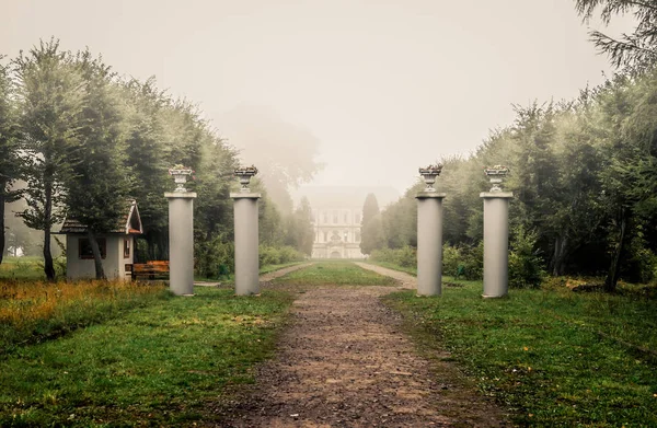 雾中的早晨, 皮迪赫尔齐城堡前的柱子 — 图库照片