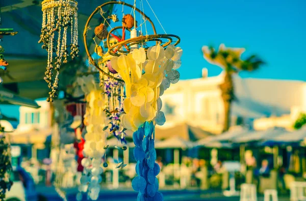 Sunshine view of handmade jewelry and souvenirs on the background of islands street — Stock Photo, Image