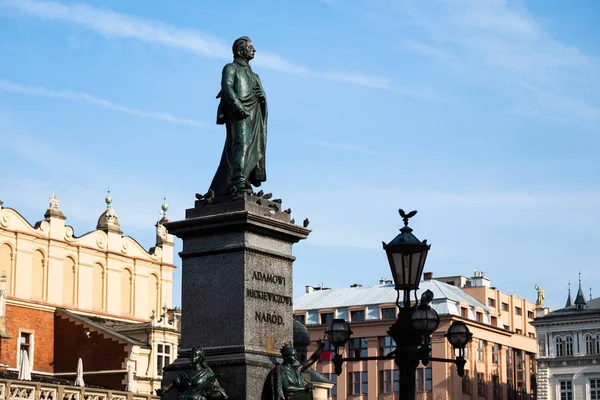 Vista del sole dei monumenti e delle antiche torri sulla piazza centrale di Cracovia — Foto Stock