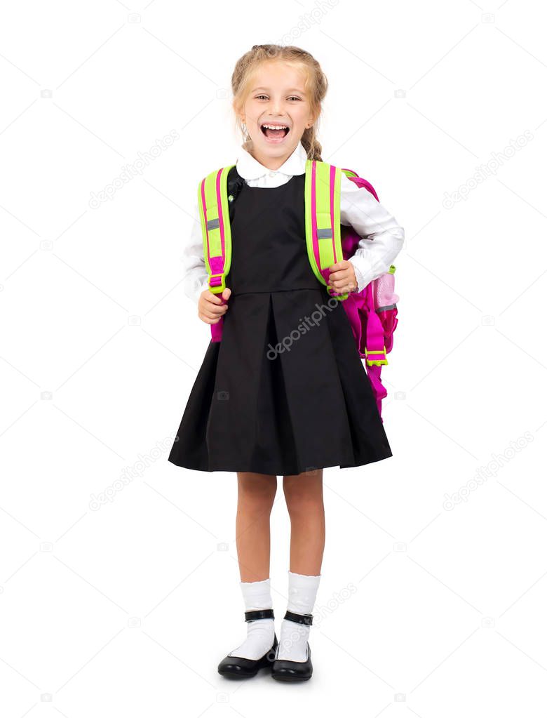 Little smiling blond girl in school uniform isolated