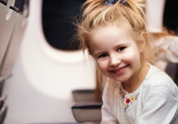 Verf gefilterde jong meisje glimlachend op het bord van vliegtuigen — Stockfoto
