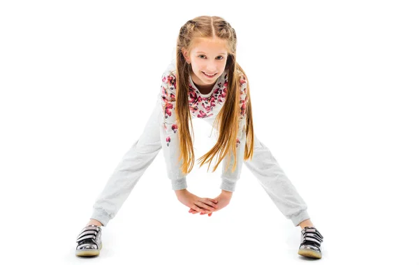 어린 소녀 흰색 배경에 고립 된 벤드 전달 — 스톡 사진