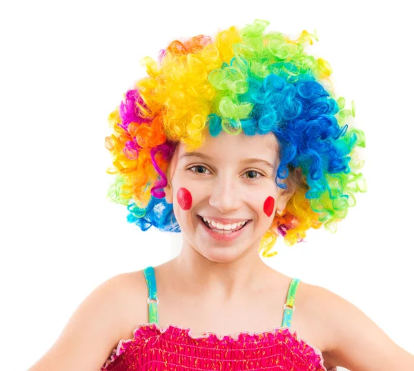 Funny girl in clown wig isolated on white background — Stock Photo, Image
