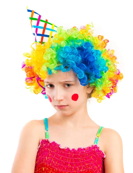 Portrait of little sad girl in clown wig isolated on white backg — Stock Photo, Image