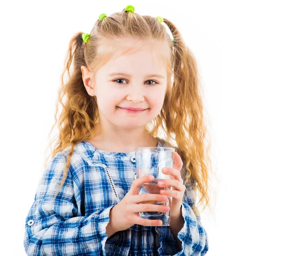 Little baby girl holding a glass of pure water — Stock Photo, Image