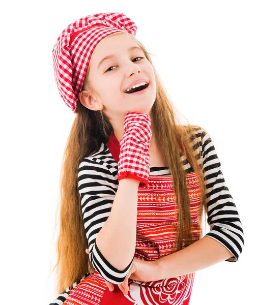 Girl in red apron and baking glove — Stock Photo, Image